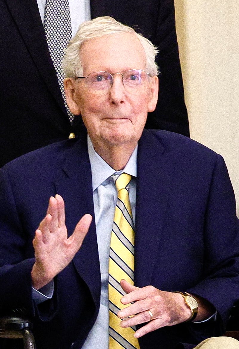 Sen. Mitch McConnell (R-KY) waves at reporters outside the Senate Chamber after he returned to Capitol Hill in Washington, D.C., on Sept. 14, 2026.