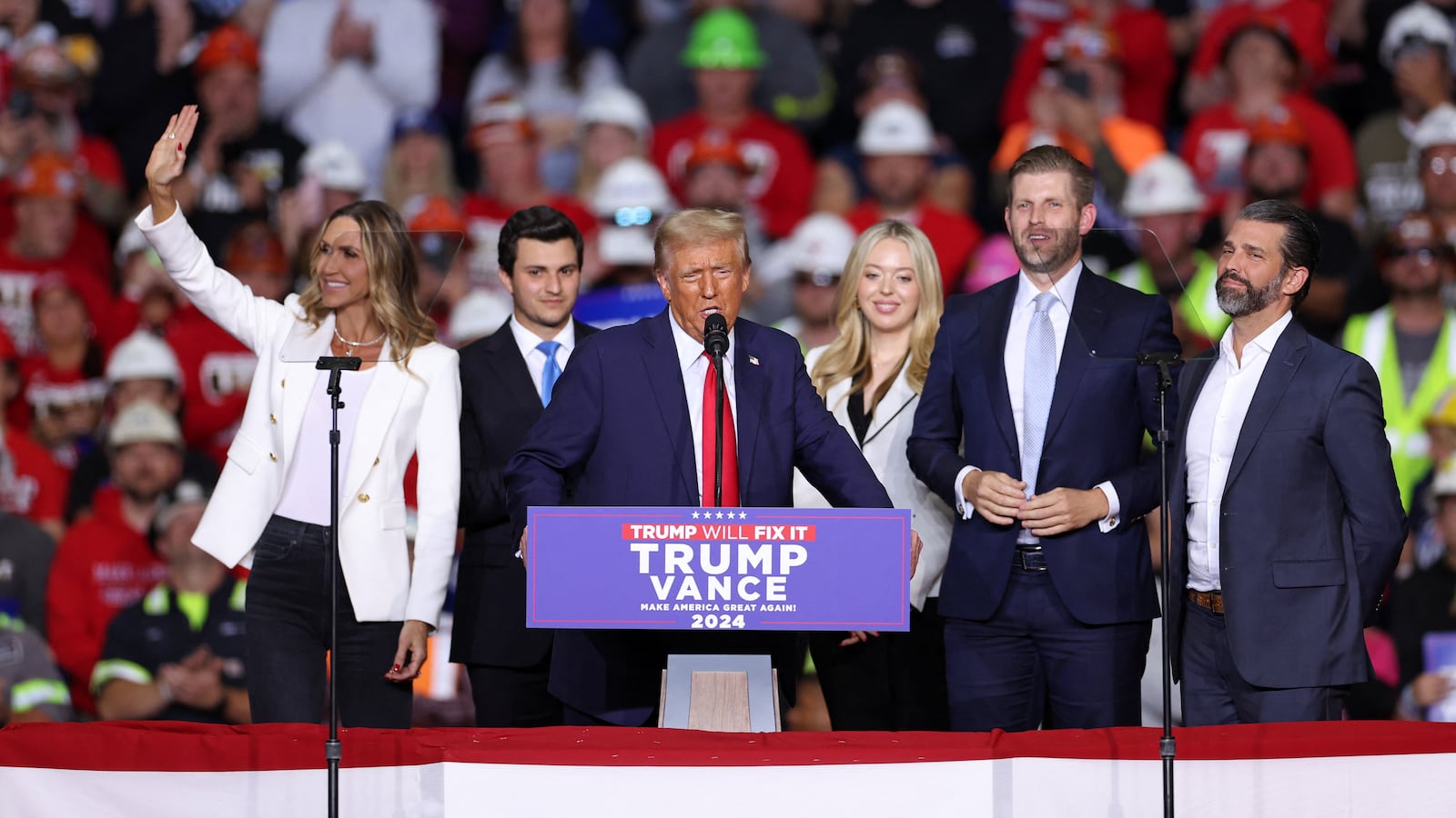 U.S. President Donald Trump with Lara Trump, Michael Boulos, Tiffany Trump, Eric Trump, and Donald Trump Jr.