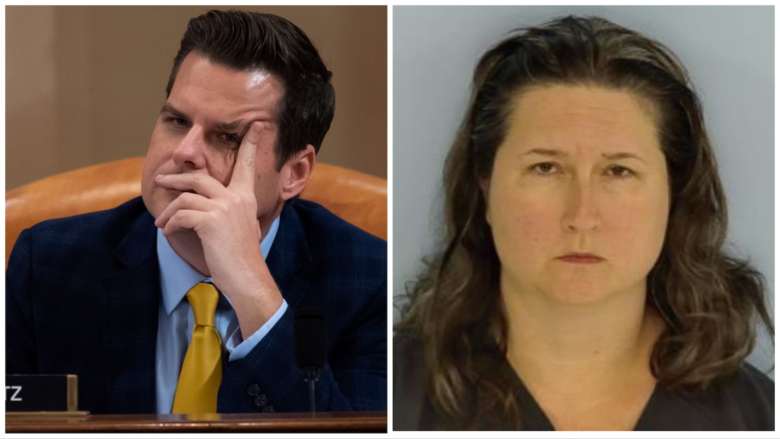 Side-by-side photos of Rep. Matt Gaetz and accused wine-thrower Selena Chambers.