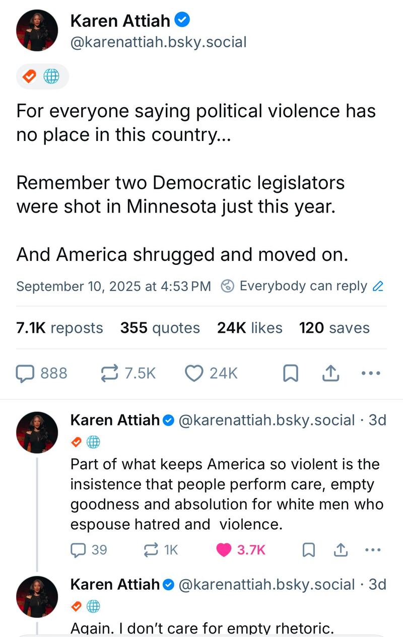 One of the Bluesky posts which the Post used to fie Attiah.