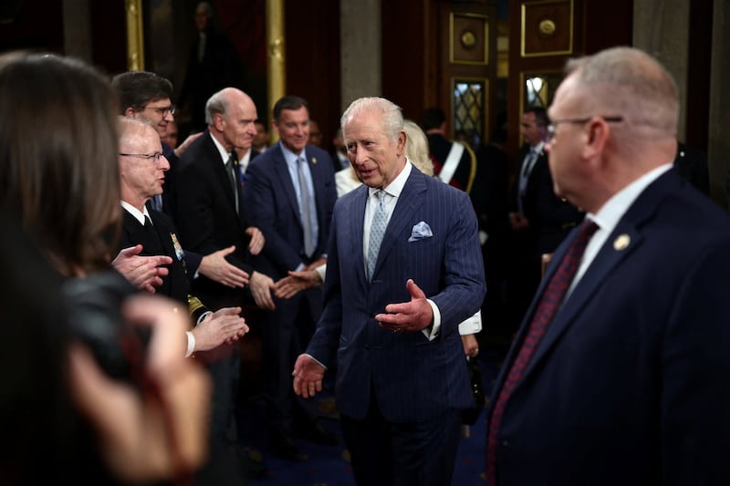 King Charles III greets retired Supreme Court Justice Stephen Breyer after addressing a Joint Meeting of Congress in the House Chamber at the US Capitol in Washington, DC on April 28, 2026.