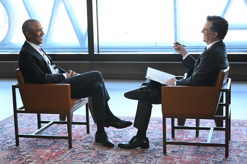 The Late Show with Stephen Colbert and guest President Barack Obama during Tuesday’s May 5, 2026 show. Photo: Scott Kowalchyk ©2026 CBS Broadcasting Inc. All Rights Reserved.