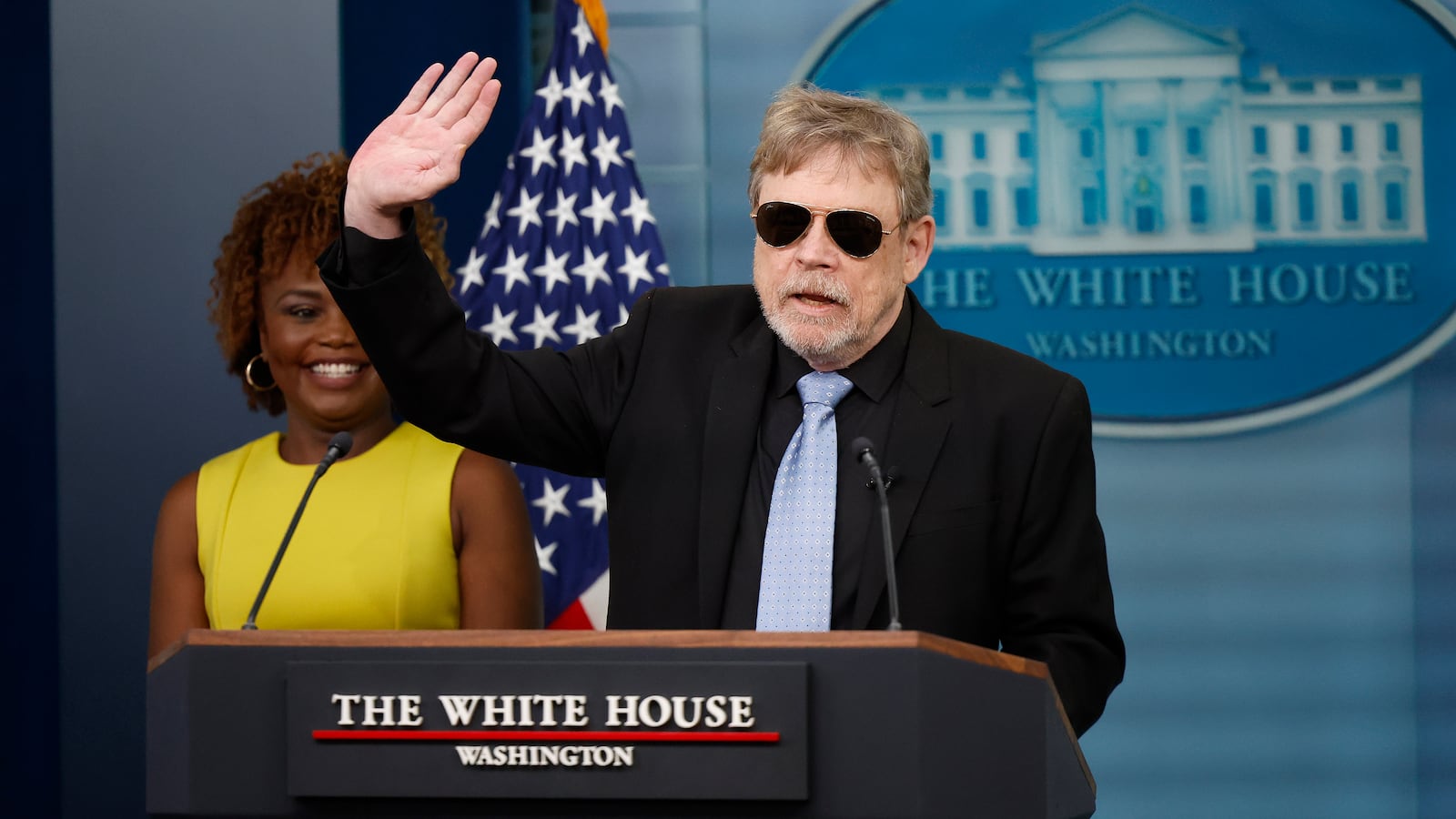 Actor Mark Hamill joins White House Press Secretary Karine Jean-Pierre at the daily press briefing at the White House on May 03, 2024 in Washington, DC.