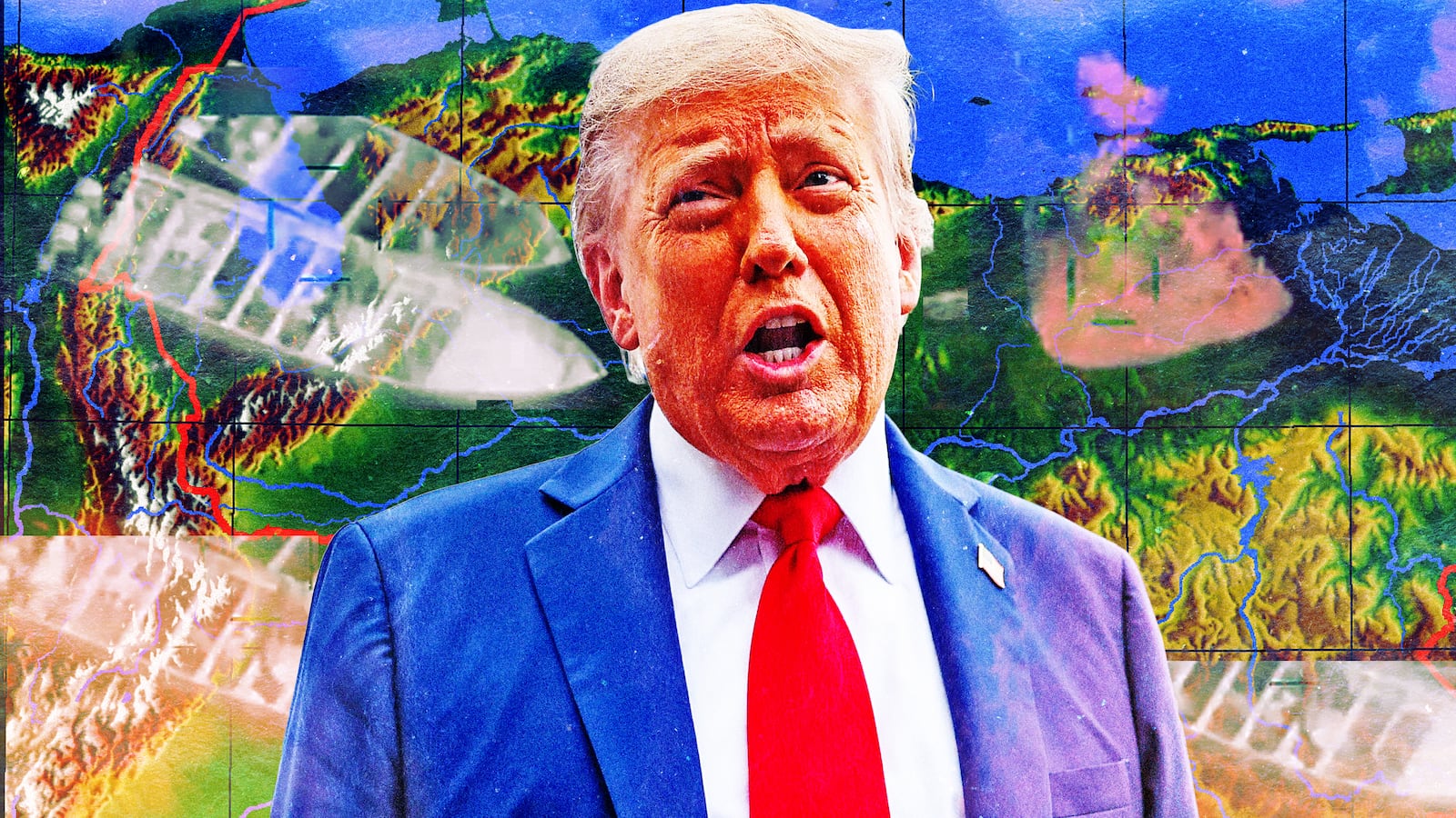 A photo illustration of Donald Trump and a map of Venezuela and boat strikes.