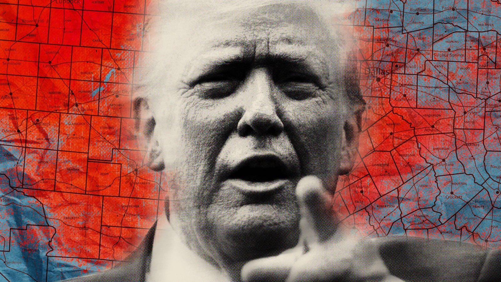 Donald Trump in front of a district map of Texas