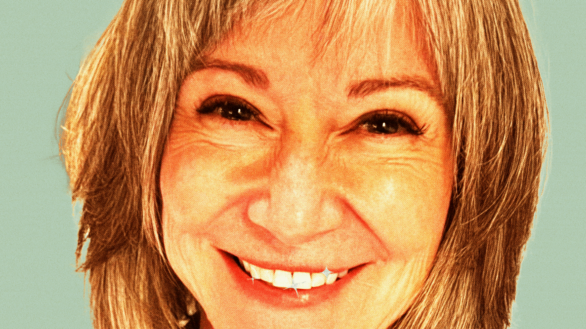 Illustrated gif of a woman smiling with twinkles on her teeth