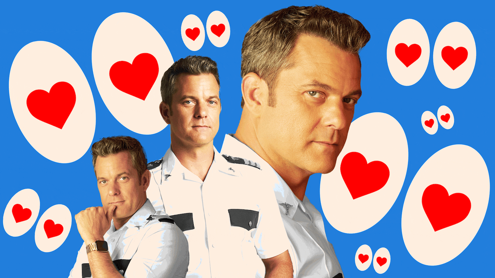 Photo illustration of Joshua Jackson and blinking and winking hear eyes