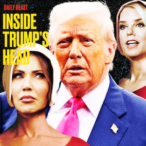 A photo illustration of Donald Trump with Pam Bondi and Kristi Noem as Handmaids.