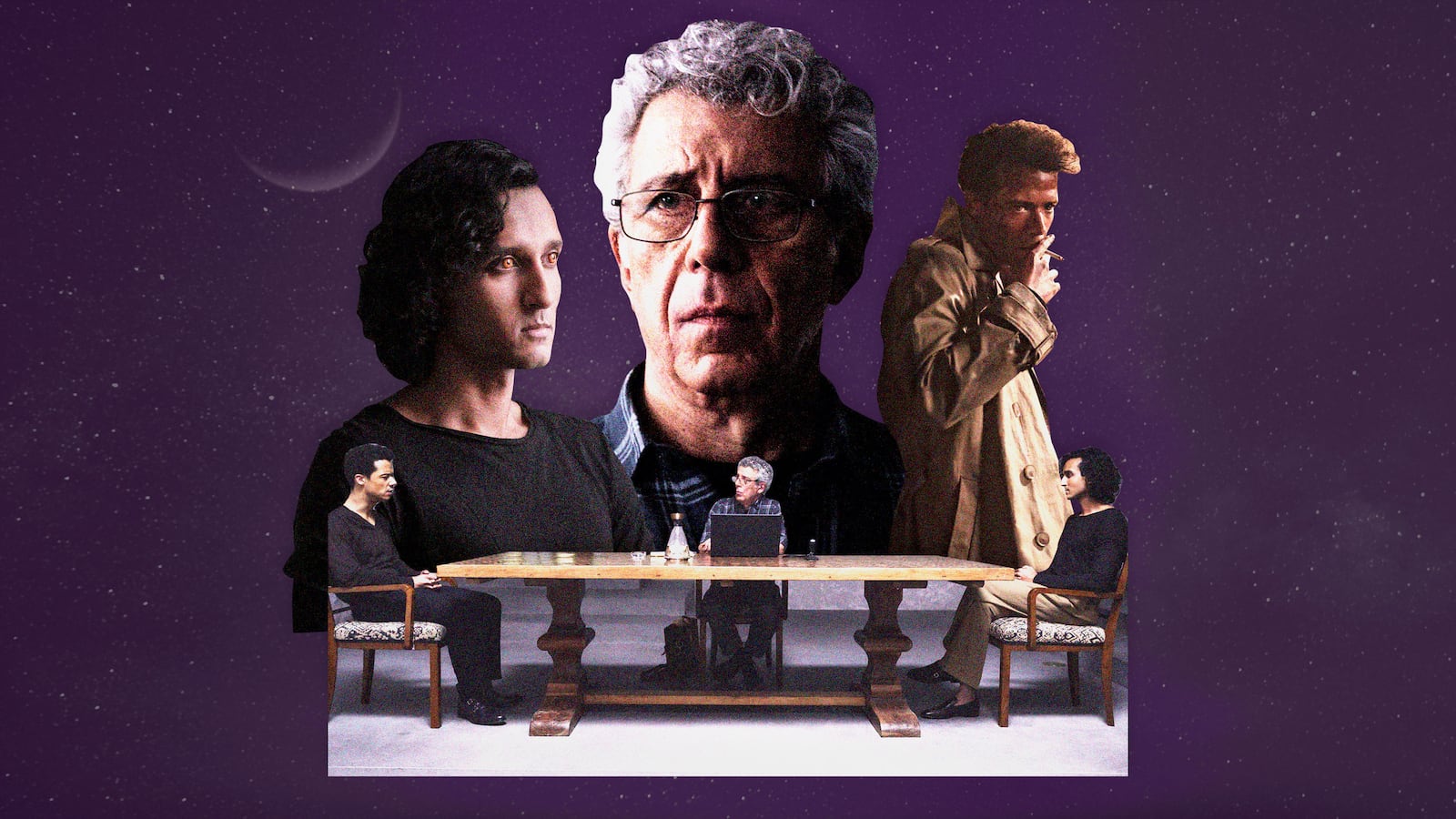 A photo illustration showing Jacob Anderson as Louis De Point Du Lac, Eric Bogosian as Daniel Molloy and Assad Zaman as Armand in Season 2 of Interview With the Vampire.