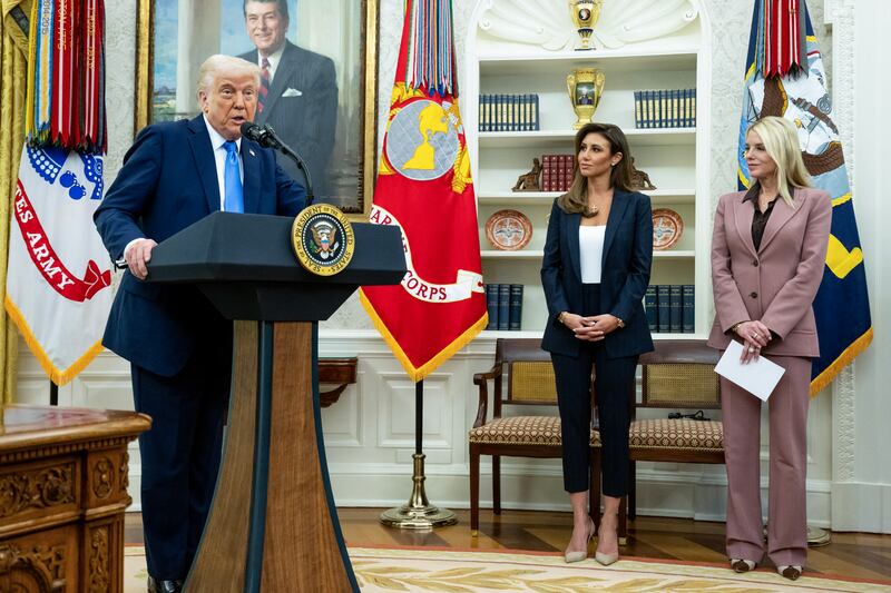 President Donald Trump speaks before Attorney General Pam Bondi (R) swears in Alina Habba (C) as interim US Attorney for New Jersey, in the Oval Office of the White House in Washington, DC, on March 28, 2025.