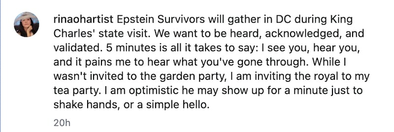 Rina Oh calls for Epstein survivors to gather in Washington on Tuesday April 28