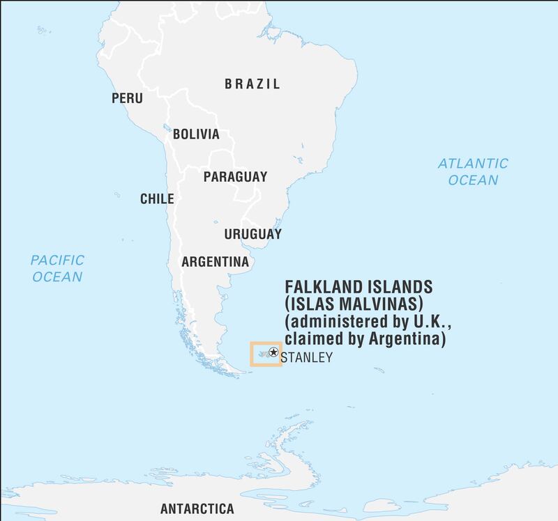 Locator map of the Falkland Islands. (Photo by: Encyclopaedia Britannica/Universal Images Group via Getty Images)