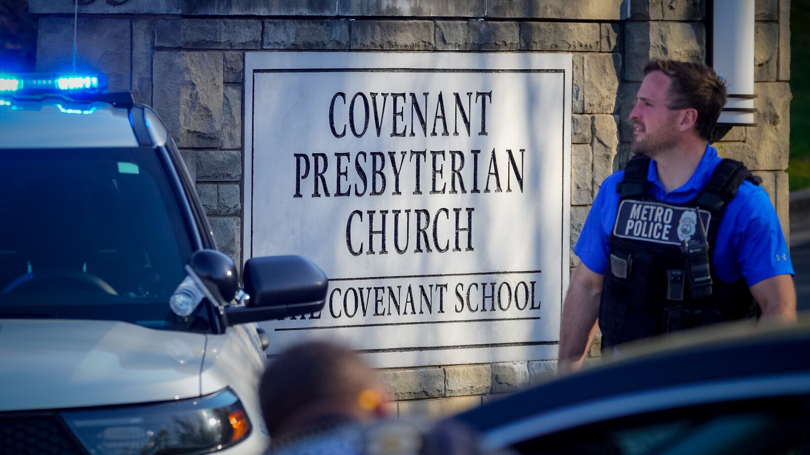 Nashville police block the entrance of the Covenant School, a Presbyterian school associated with a church after three children and three adults were gunned down in Nashville, Tennessee, United States on March 27, 2023.