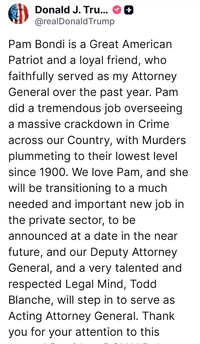 Trump's announcement on Truth Social.