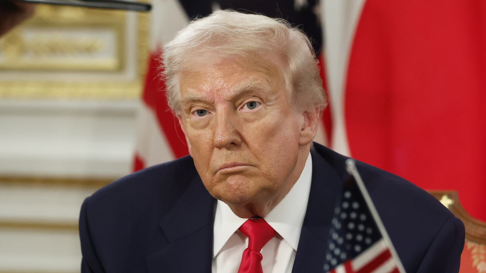 TOKYO, JAPAN OCTOBER 28: (----EDITORIAL USE ONLY - MANDATORY CREDIT - 'BLOOMBERG / KIYOSHI OTA / POOL' - NO MARKETING NO ADVERTISING CAMPAIGNS - DISTRIBUTED AS A SERVICE TO CLIENTS----) US President Donald Trump and Japan's Prime Minister Sanae Takaichi (not seen) during a signing ceremony at Akasaka Palace state guest house in Tokyo, Japan, on October 28, 2025. (Photo by Kiyoshi Ota / POOL/Anadolu via Getty Images)