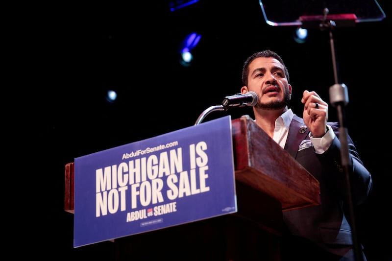 U.S. Senate Democratic candidate Abdul El-Sayed speaks on stage, with vote counting continuing for Michigan's Democratic U.S. Senate primary, during an election night rally in Detroit, Michigan, U.S., August 5, 2026. REUTERS/Rebecca Cook