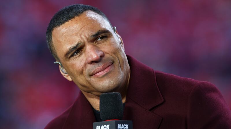 KANSAS CITY, MISSOURI - NOVEMBER 29: Amazon Prime Video Thursday Night Football analyst Tony Gonzalez on set during halftime between the Kansas City Chiefs and the Las Vegas Raiders at GEHA Field at Arrowhead Stadium on November 29, 2024 in Kansas City, Missouri. (Photo by Aaron M. Sprecher/Getty Images)