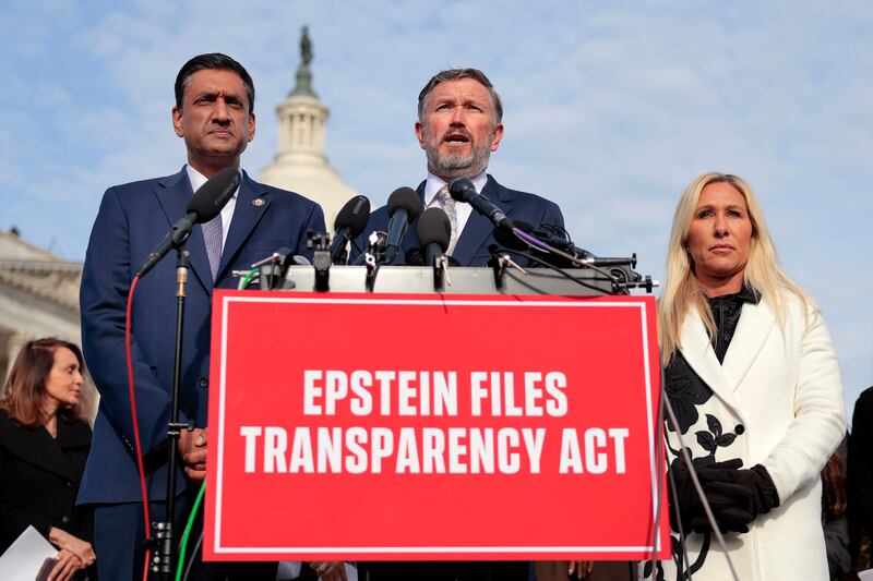 Reps. Thomas Massie, Ro Khanna and Marjorie Taylor Greene held a press conference ahead of the House vote on a bill to release the Epstein files.