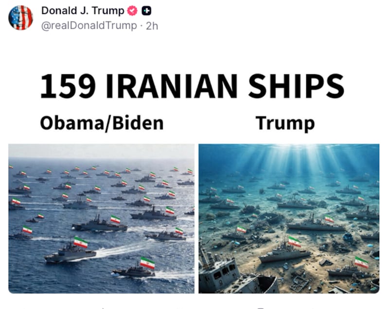 Two AI generated images, side-by-side.
The headline reads: 159 IRANIAN SHIPS.
The image on the lefts show an armada carrying the Iranian flag under the sub-heading "Obama/Biden" and on the right the image shows the same armada on the bottom of the ocean underneath the sub-heading "Trump."