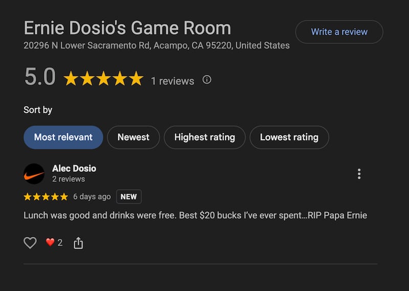 A Google page for the so-called “Ernie Dosio’s Game Room,” where the Sacramento Safari Club held fundraising dinners.