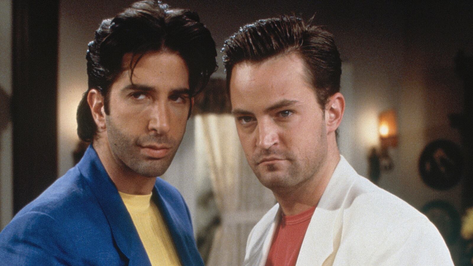 David Schwimmer as Ross Geller and Matthew Perry as Chandler Bing on "Friends"