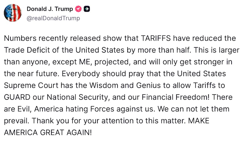 Donald Trump calls out evil forces ahead of tariff decision.