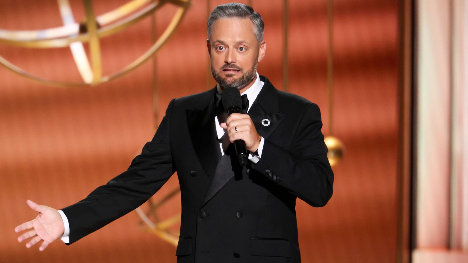 Host Nate Bargatze speaks onstage during The 77th Primetime Emmy Awards at Peacock Theater on September 14, 2025