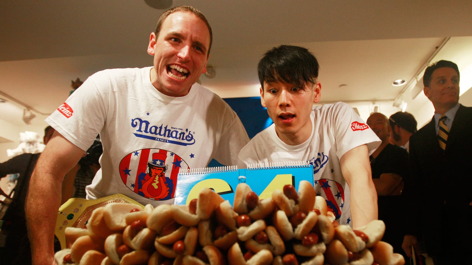 Former champion Takeru Kobayashi and reigning champion Joey Chestnut