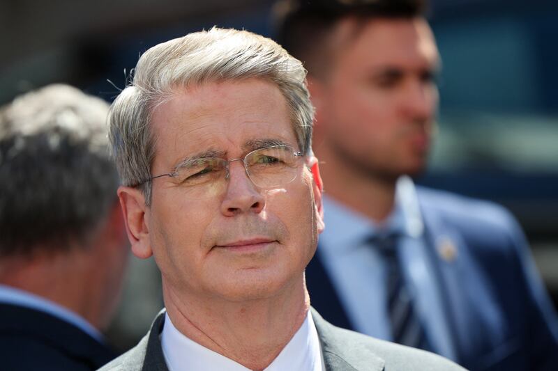 US Secretary of the Treasury Scott Bessent looks on during a press conference following trade talks with Chinese Vice Premier He Lifeng at the foreign ministry in Madrid on September 15, 2025.