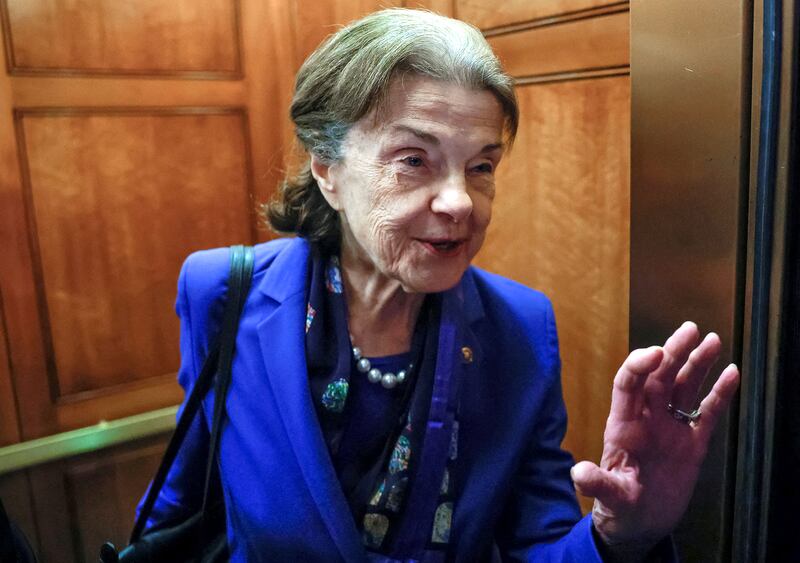 Senator Diane Feinstein, who announced she will not be seeking re-election, leaves the Senate floor after a vote on Capitol Hill in Washington, on Feb. 14, 2023.