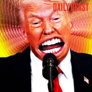 Donald Trump with an oversized mouth yelling on a yellow background