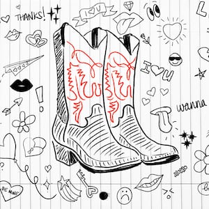 Photo illustration of a lined notebook with high school doodles about love drawn and cowboy boots