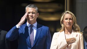 Pete Hegseth and his wife Jennifer Rauchet at an official ceremony at the Pentagon in Washington, United States on July 9, 2025.