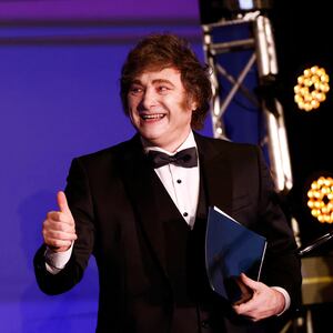 Javier Milei and Vivek Ramaswamy speak onstage on January 18, 2025 in Washington, DC.