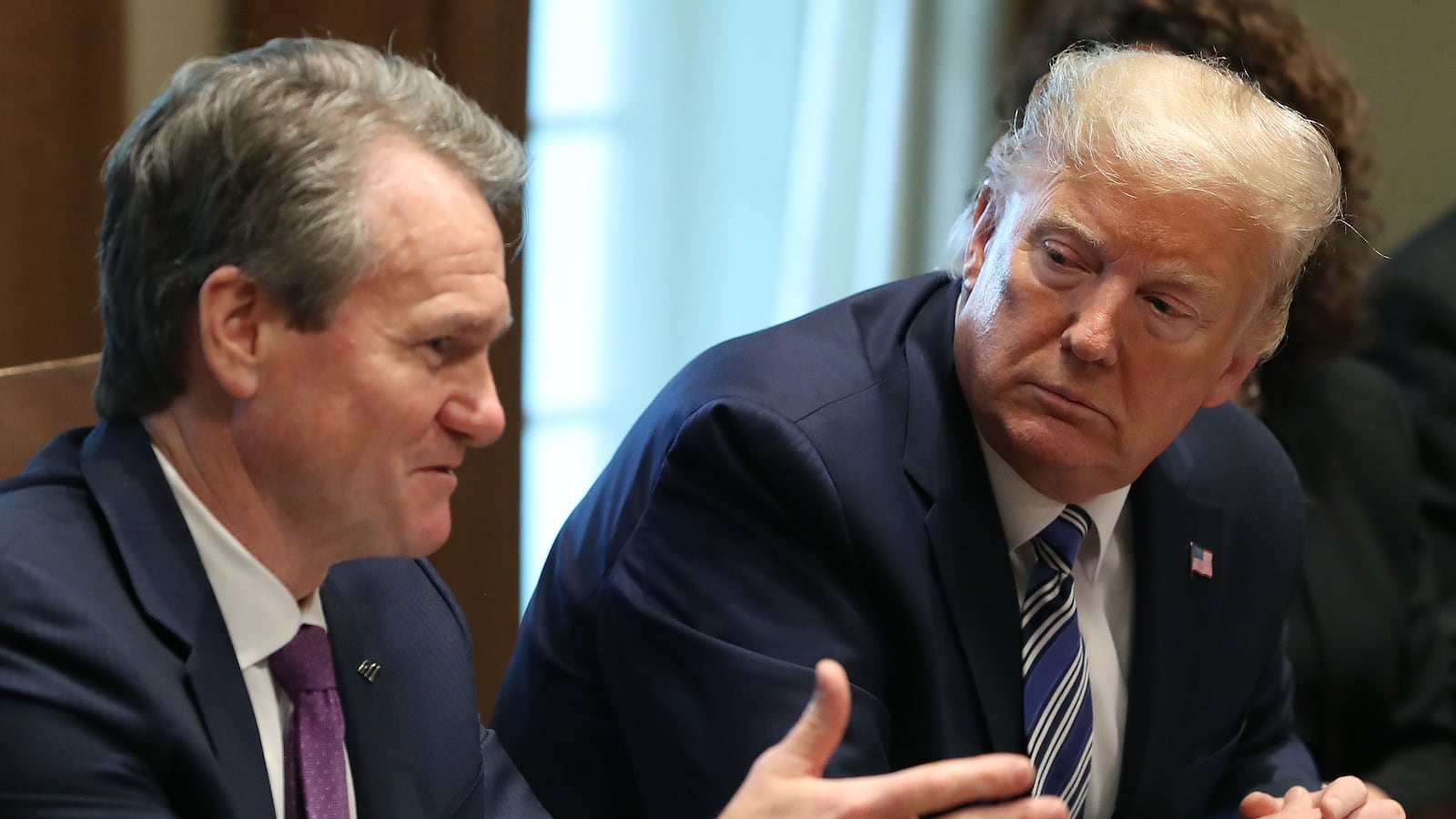 WASHINGTON, DC - MARCH 11: - U.S. President Donald Trump (R) listens to Bank of America CEO Brian Moynihan (L) speak during a meeting with to discuss the coronavirus response in the Cabinet Room at the White House, on March 11, 2020 in Washington, DC. (Photo by Mark Wilson/Getty Images)