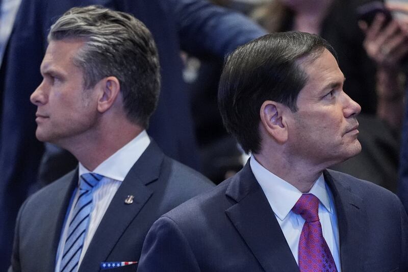 U.S. Defense Secretary Pete Hegseth and Secretary of State Marco Rubio at the Knesset, in Jerusalem, October 13, 2025.