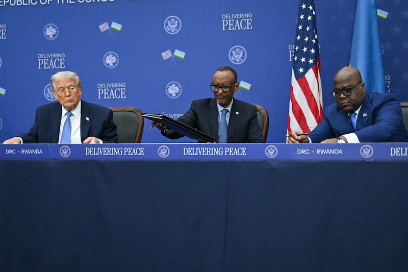 Trump participated in the signing ceremony of a peace deal with the President of Rwanda, Paul Kagame (center) and the President of the Democratic Republic of the Congo, Felix Tshisekedi (right), at the United States Institute of Peace.