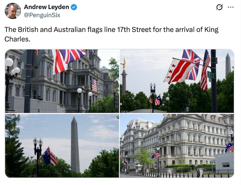 X post that reads: "The British and Australian flags line 17th Street for the arrival of King Charles" with four images attached showing the Australian flag on a street in Washington D.C.