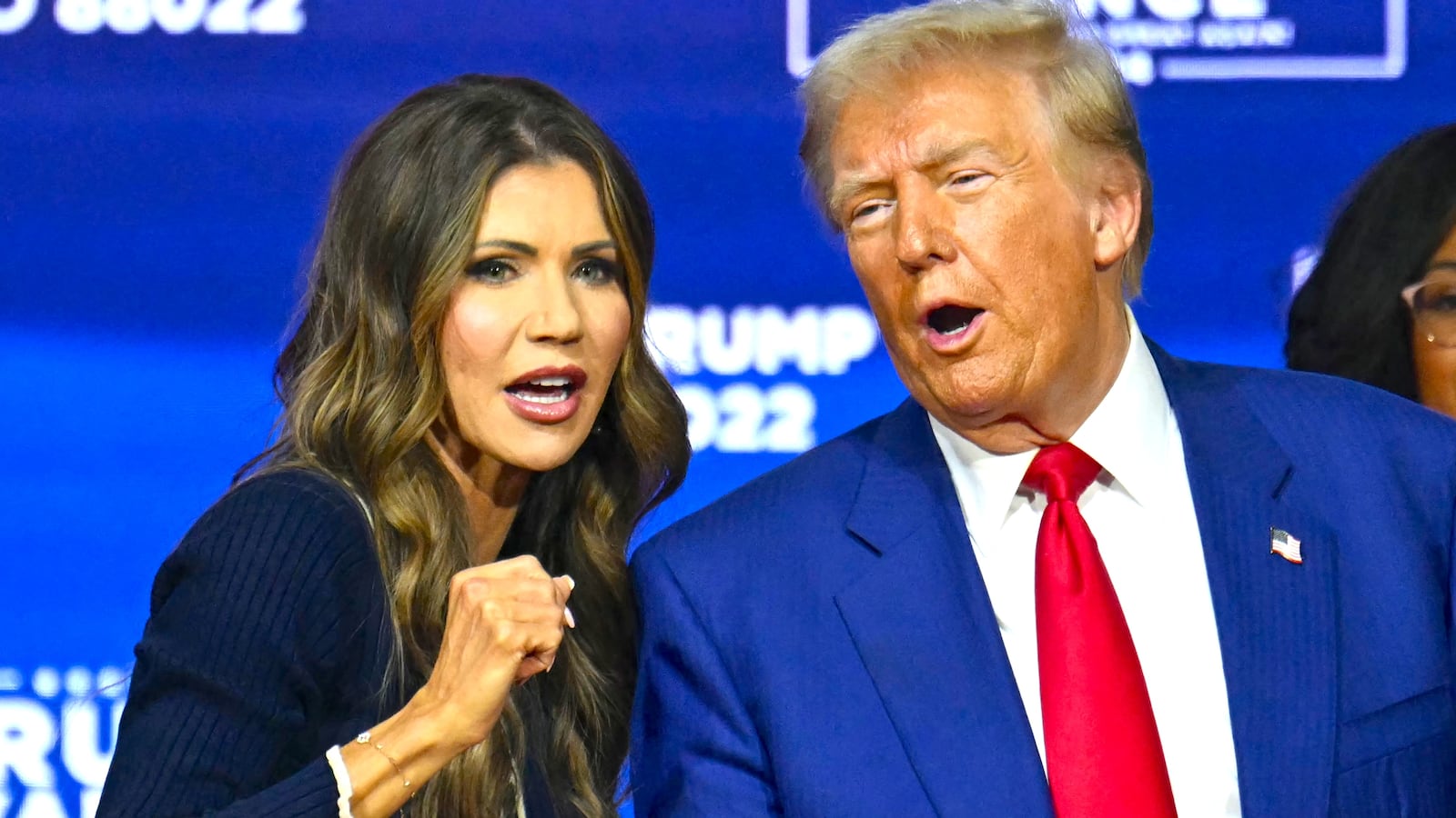 Donald Trump and Kristi Noem during a town hall at the Greater Philadelphia Expo Center and Fairgrounds in Oaks, Pennsylvania, on October 14, 2024.