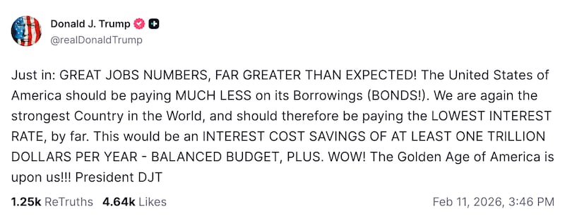 Trump's Truth Social post about the January 2026 jobs numbers.
