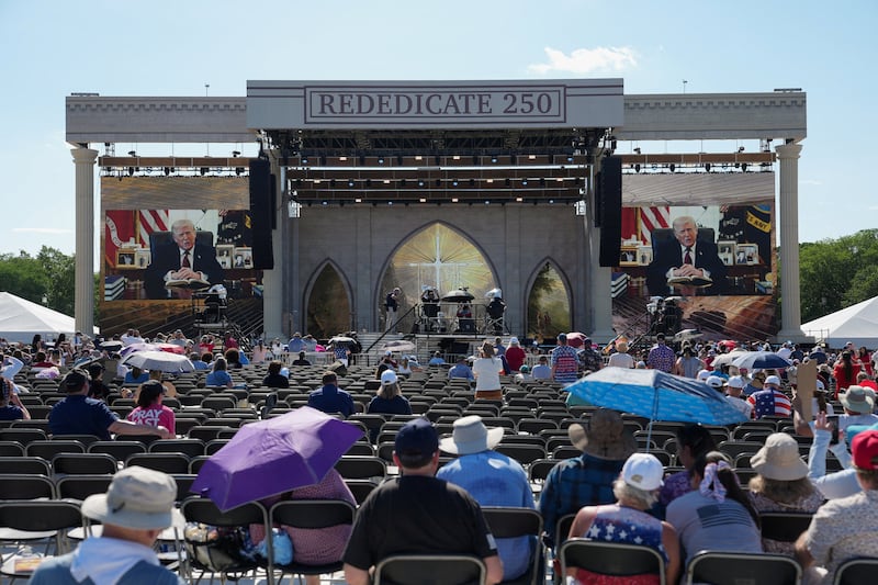 U.S. President Donald Trump speaks during a video message at the Rededicate 250: A National Jubilee of Prayer, Praise & Thanksgiving at the National Mall in Washington, D.C., U.S., May 17, 2026.