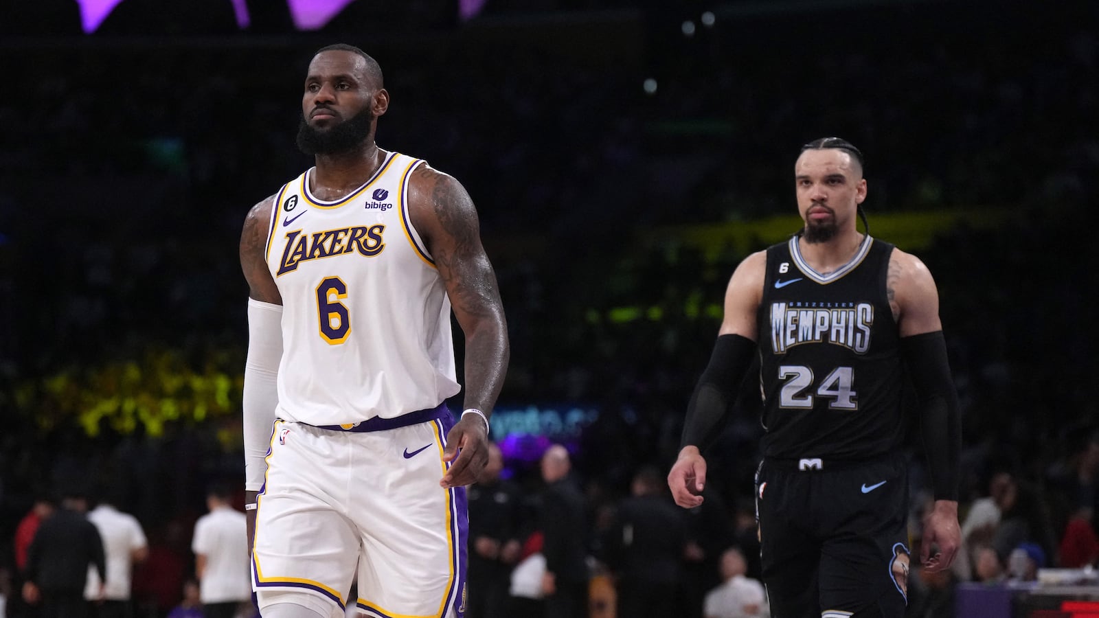 Apr 22, 2023; Los Angeles, California, USA; Los Angeles Lakers forward LeBron James (6) and Memphis Grizzlies forward Dillon Brooks (24) react in the second quarter during game three.