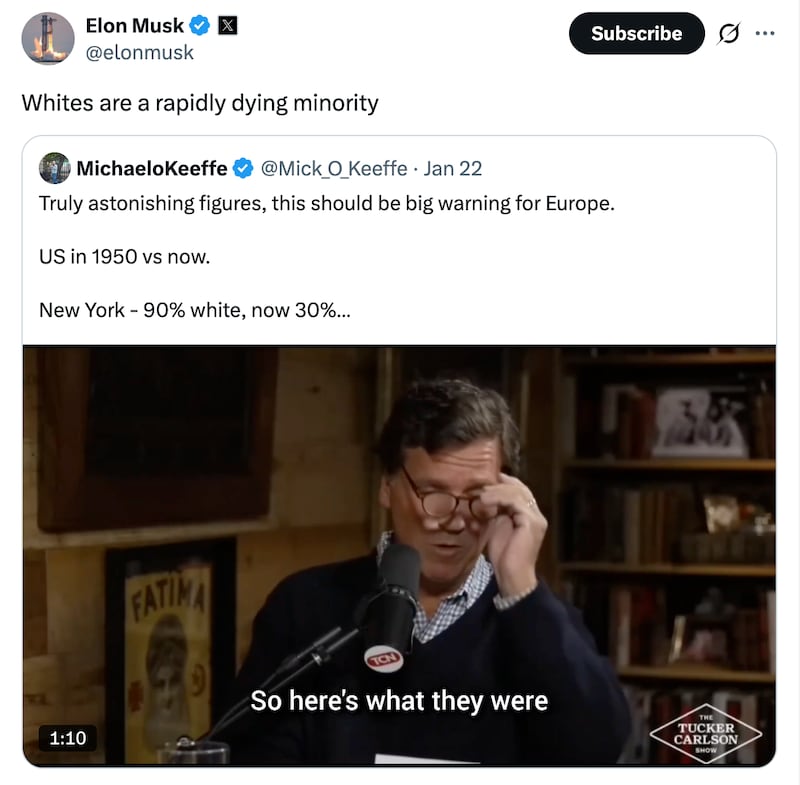 One expert said Musk’s positions constitute “standard white supremacy.”