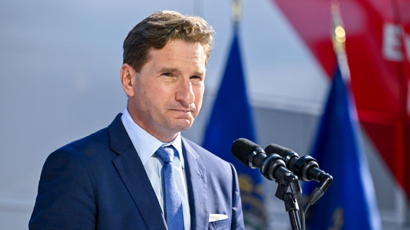 Dean Phillips at a rally outside of the N.H. Statehouse after handing over his presidential declaration of candidacy form.