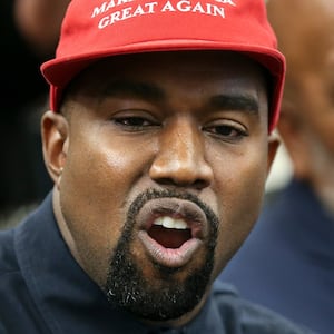 Rapper Kanye West speaks during a meeting with U.S. President Donald Trump