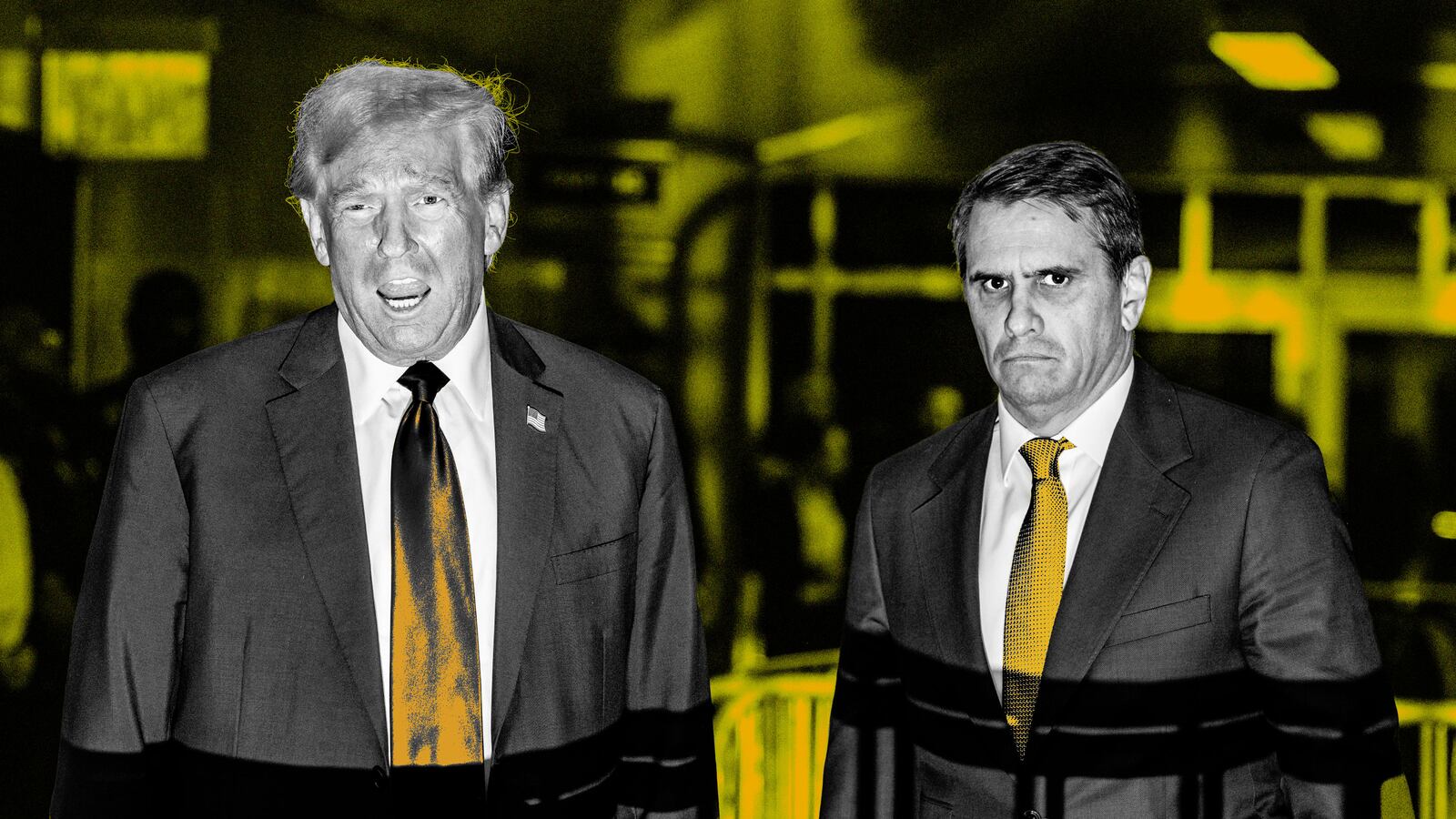 An illustration including a photo of former U.S. President Donald Trump and his attorney Todd Blanche