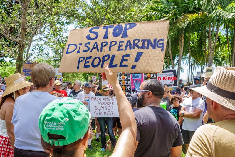 Miami Beach, Florida, Pride Park, No Kings Day Protest, organized demonstration, anti-Donald Trump presidency on his 79th birthday, fighting authoritarian power. (Photo by: Jeffrey Greenberg/Universal Images Group via Getty Images)