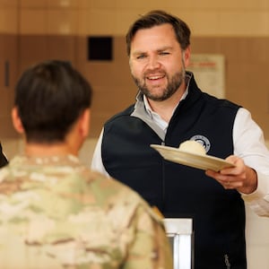 FORT CAMPBELL, TENNESSEE - NOVEMBER 26: U.S. Vice President JD Vance serves members of the 101st Airborne Division at Fort Campbell on November 26, 2025 in Fort Campbell, Tennessee. (Photo by Brett Carlsen/Getty Images)