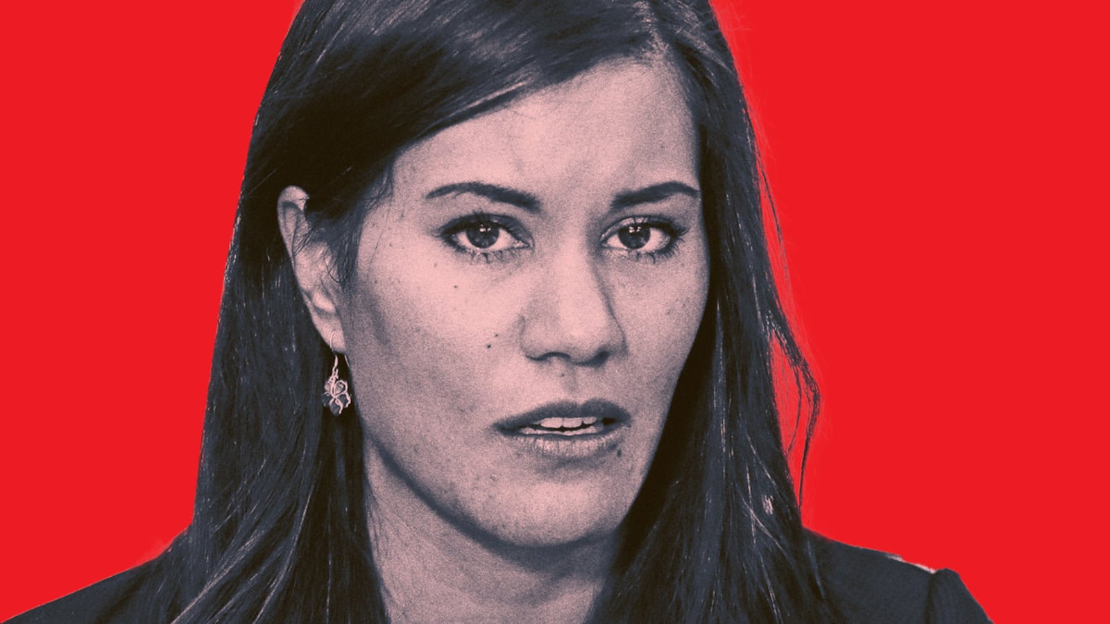 A photo illustration shows a closeup of Cora Weberg on a red background