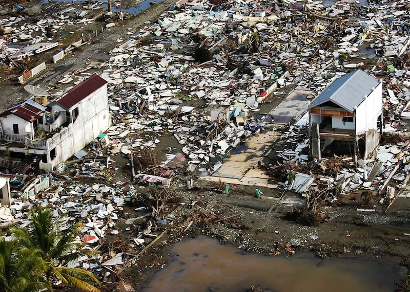 MEULABOH, SUAMTRA, INDONESIA - JANUARY 6: In this U.S. Navy handout, damage from the tsunami is seen from a U.S. Navy helecopter January 6, 2005 in Meulaboh, Sumatra, Indonesia. According to reports, more than 100,000 people in Indonesia are now feared to have been killed by the tsunami of December 26, 2004. (Photo by Jordon R. Beesley/U.S. Navy via Getty Images)